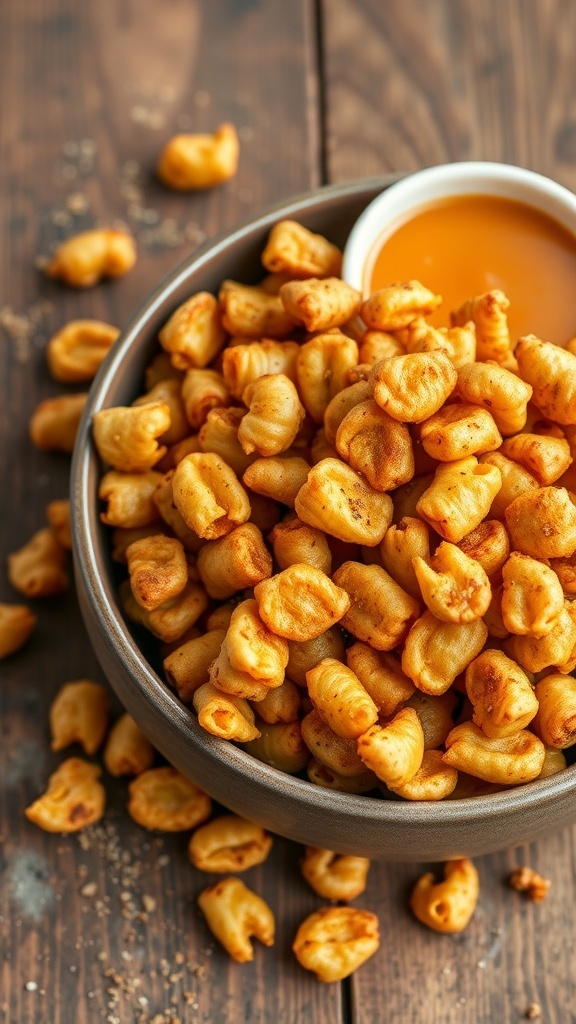 Crispy Air Fryer Puffed Lima Beans Recipe A bowl of crispy air-fried lima beans on a wooden table with spices and a dipping sauce.